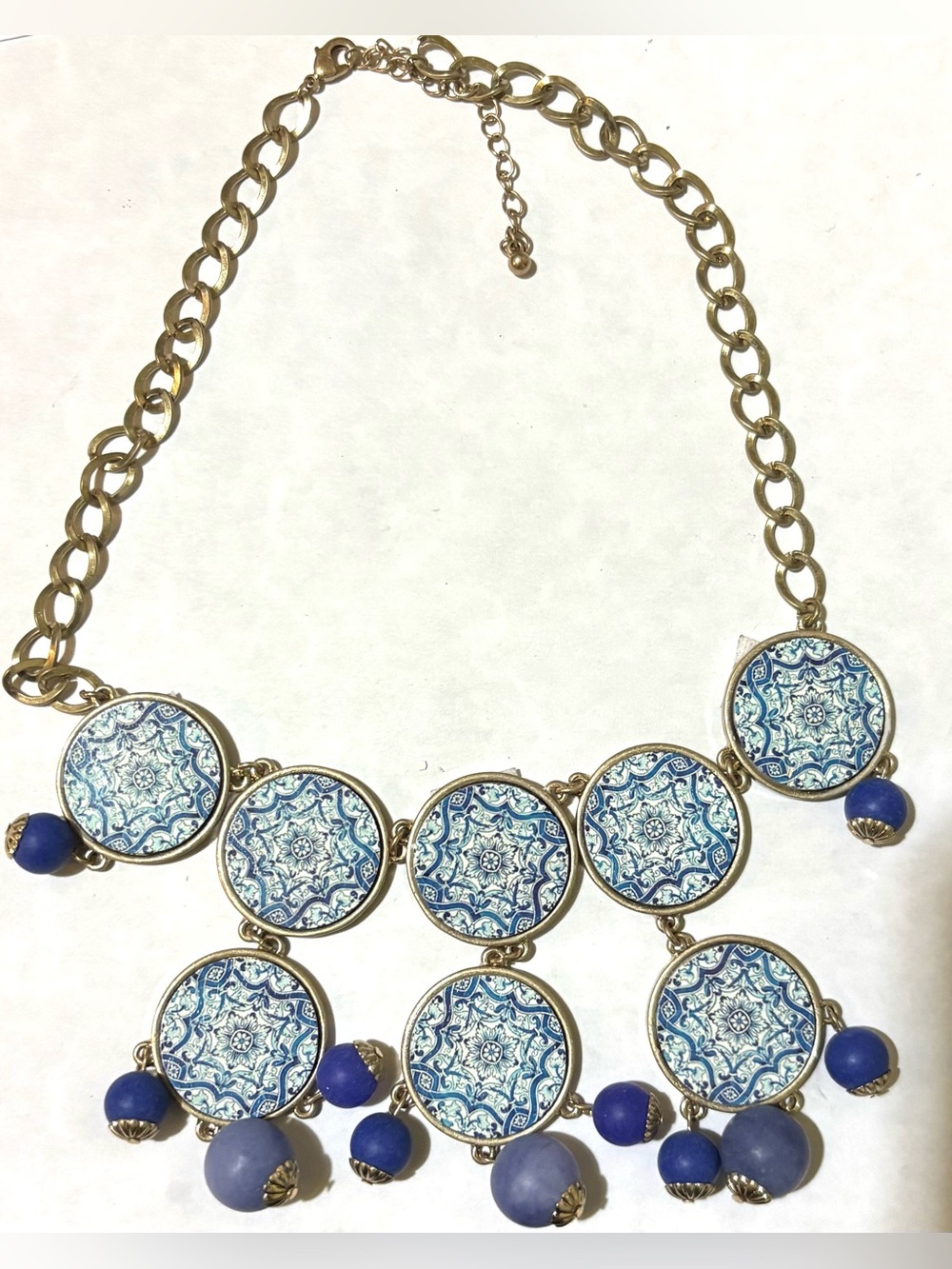 Gold-Tone Necklace with Blue Mosaic Discs and Blue Bead Drops